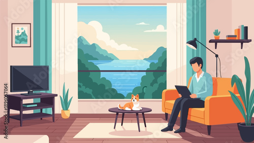 Man relaxes with tablet and dog, overlooking serene lake and mountains