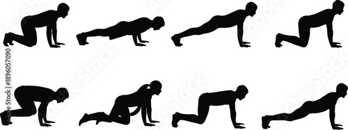 Human exercise silhouette flat vector illustration push up workout positions fitness training bodyweight movement isolated design
