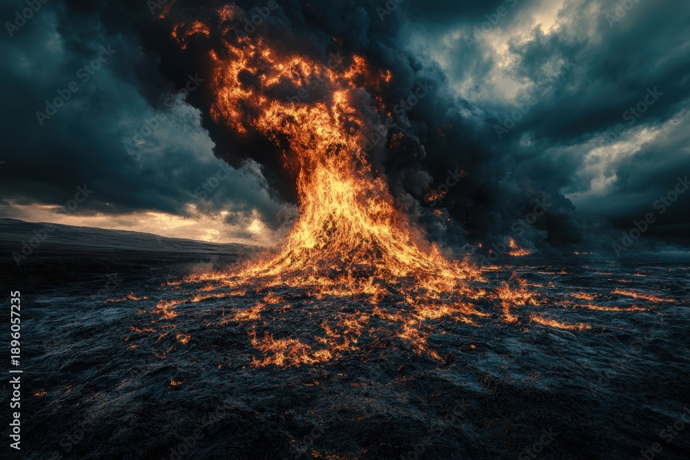 Fototapeta premium Erupting volcano spews lava into dark clouds at sunset creating a dramatic landscape