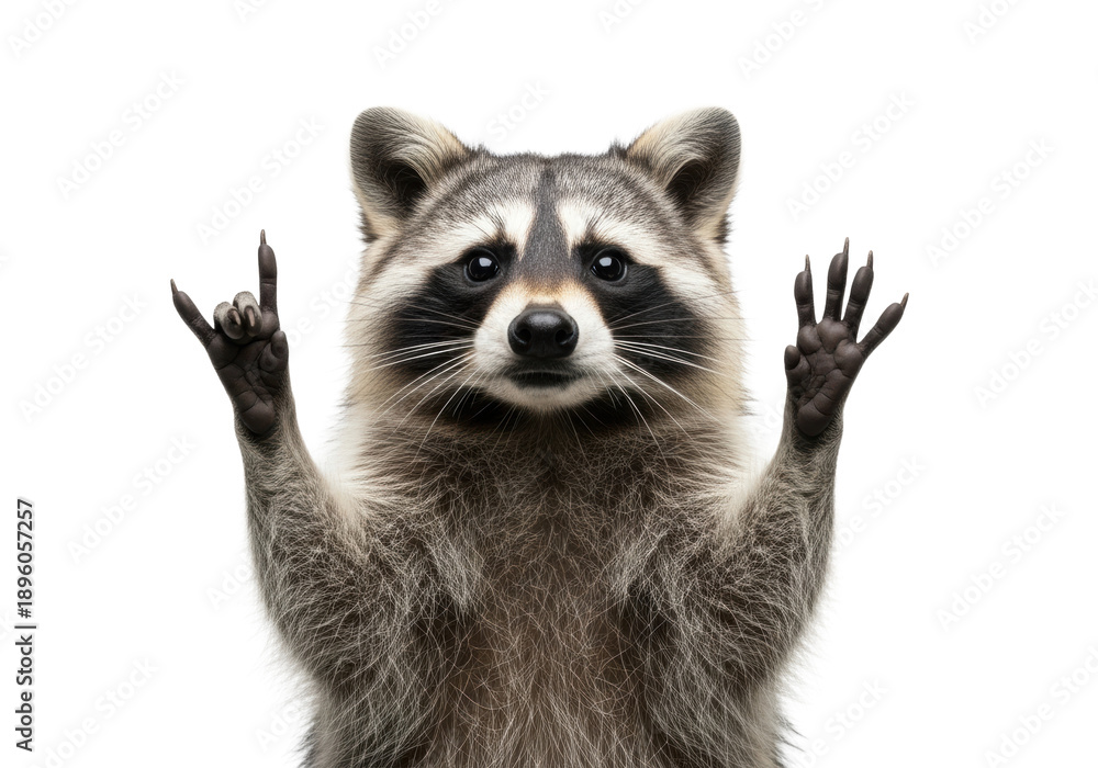 Obraz premium highly detailed anthropomorphic raccoon standing upright on white studio backdrop, making the 'sign of the horns' rock gesture, sharp macro focus, high-key lighting. concept of animal humor and