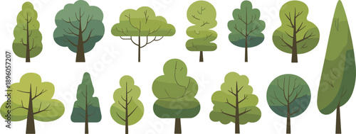 Stylized flat green tree collection with organic canopy shapes, modern vector forest elements, minimalist nature illustration isolated white background