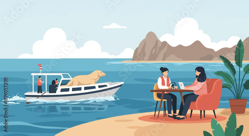 People enjoy a day by the sea, with a boat carrying a seal and two women at a table