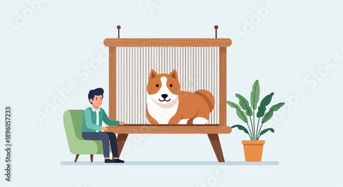 Man sits in chair, looking at dog on loom with plant