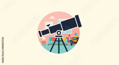 Man stargazing indoors with a telescope, couch, windows, lamp, bookshelf, plants