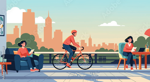 People enjoying a city balcony scene with a cyclist passing by