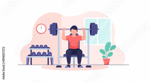 Man training with weights in a room with weights rack and plant