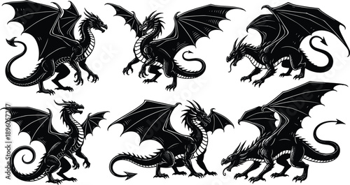 Dragon silhouette collection, black fantasy creatures, winged reptile poses, mythical beast design, fierce monster illustration, fantasy graphic elements