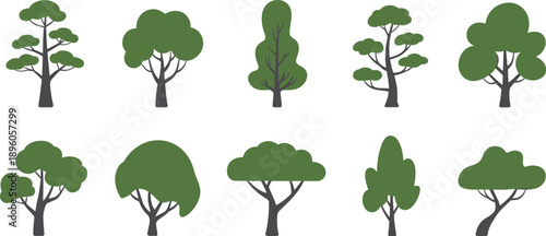 Stylized flat green tree collection with varied canopy shapes, minimalist vector forest elements, modern nature illustration isolated white background