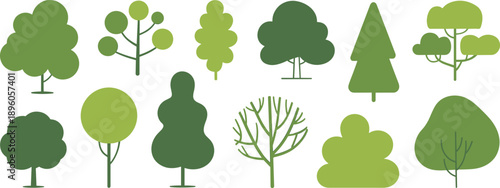 Stylized flat green trees and shrubs collection, minimalist forest icons set, abstract nature elements, isolated white background vector illustration