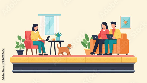 People and dog work on laptops in a modern, light-filled room