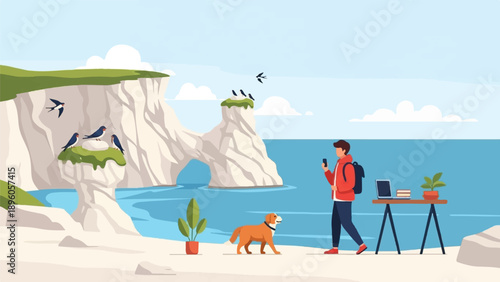 Man with dog and laptop on a scenic coastal cliff by the sea