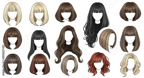 Collection of diverse female wigs in various styles and colors.