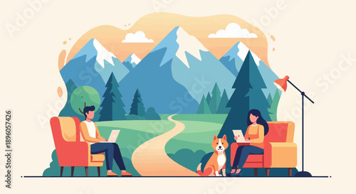 People and dog working on laptops in cozy armchairs with mountain backdrop