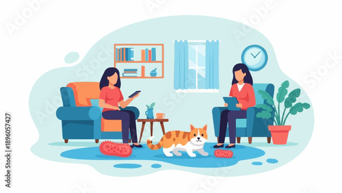 People relax at home with a pet cat and a plant