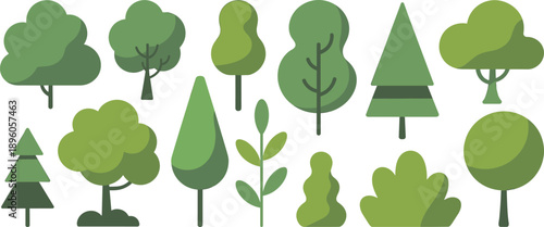 Stylized flat green trees and shrubs collection, minimalist forest icons set, abstract nature elements, isolated white background vector illustration
