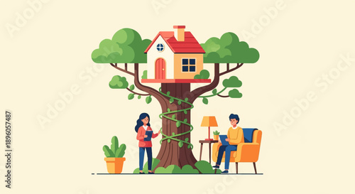 People relax at home with a treehouse sanctuary and green plants