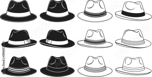 Fedora hat collection, vintage men's fashion illustrations, classic headwear designs, monochrome styles, retro gentleman accessories, vector set, iconsFedora hat collection, vintage men's fashion illu