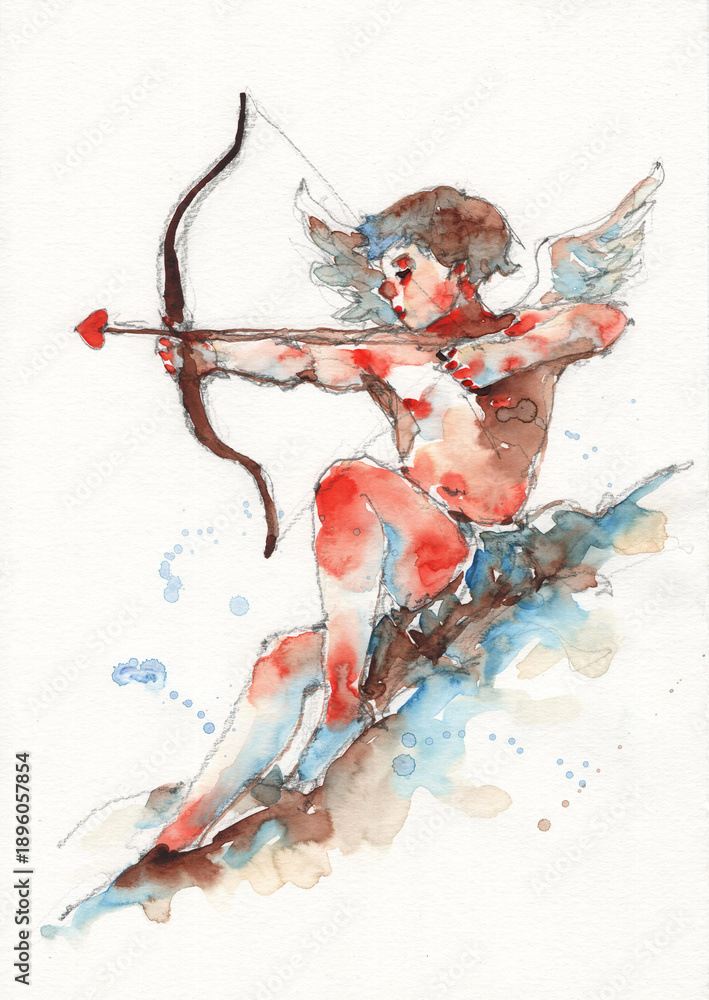 Naklejka premium Hand-painted watercolor illustration set of a cherubic cupid in various poses with a bow and arrow, featuring authentic paper texture for a classic and romantic aesthetic.