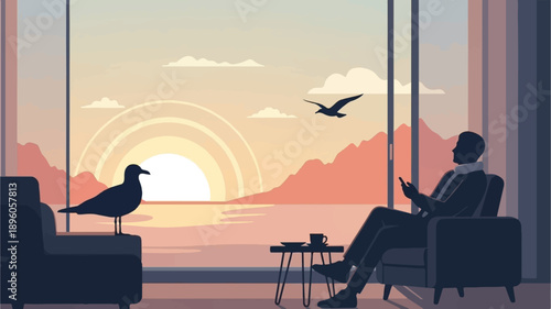 Man with phone, coffee, and a bird watching sunset over the ocean