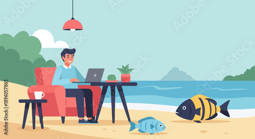 Man working on laptop at beach with fish
