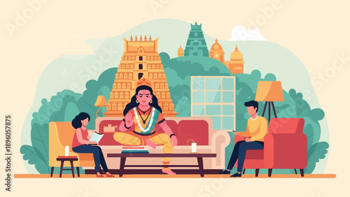 People relax at home with spiritual figure and temples in background