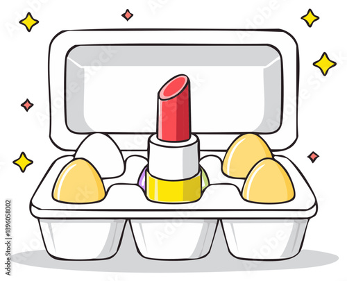 Cartoon drawing of Eggs and Lipstick in Container, Concept Illustration of Beauty and Food, Cute style elements