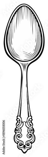 Elegant vintage silver spoon, ornate design, line art style, antique silverware for dining table setting