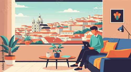 Man works on tablet inside apartment with city view and plants