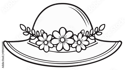 Elegant woman's sun hat illustration featuring delicate floral adornments in a classic line art style