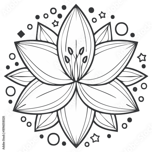 Stylized Lotus Flower Line Art Surrounded by Decorative Geometric Shapes and Stars