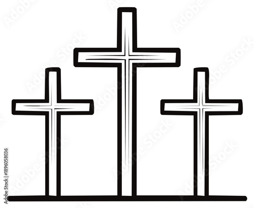 Three simple religious crosses, black outline over white, faith and Christianity icon, simple illustration