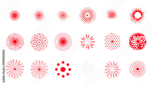 A collection of red and white circular patterned and abstract shapes