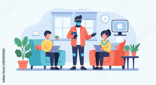 People in comfortable chairs using laptops and tablets, one stands