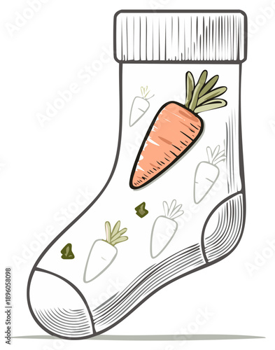 Sock with Carrot Design Artistic Illustration for Apparel or Gift Packaging