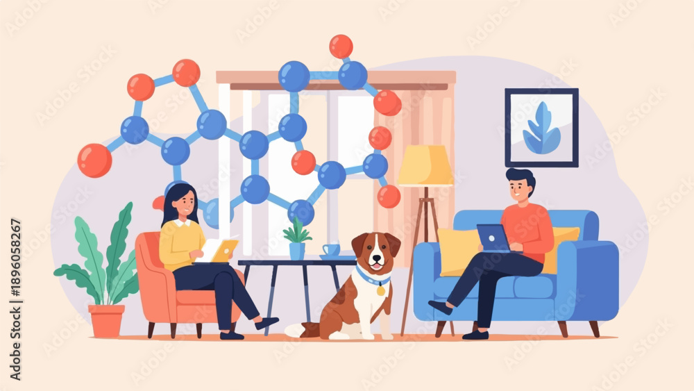 Obraz premium People in cozy room working with laptops, a dog, and molecular model