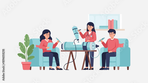 Medical professionals interacting with a scientific device