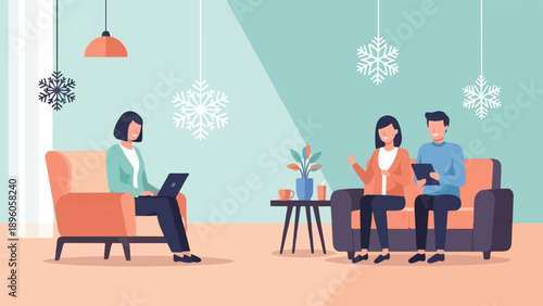 People in cozy room with snowflakes and plants