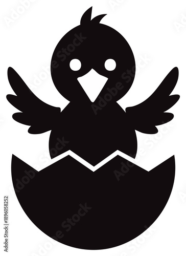 Black silhouette of chick hatching from a broken eggshell