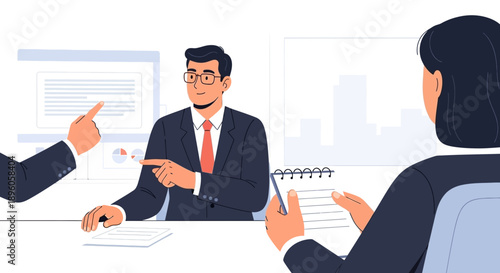 Business meeting in a corporate office with professionals discussing documents and taking notes from a seated viewpoint