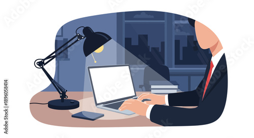 A businessman working on a laptop at a desk with a desk lamp in an office setting