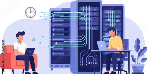 Men working with laptops in a server room with a clock