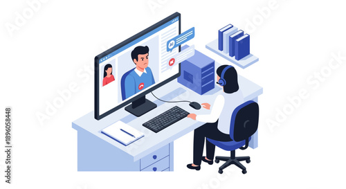 Man engaging in video conference with colleagues on large desktop computer in modern office workspace