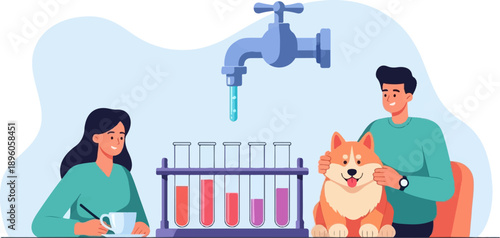 People in lab coats with dog conducting science experiment