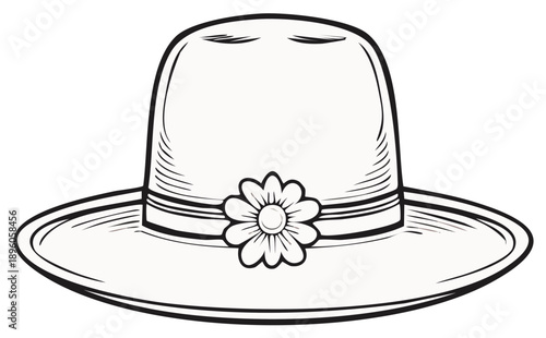 Elegant summer hat illustration with floral decoration and brim in outline style