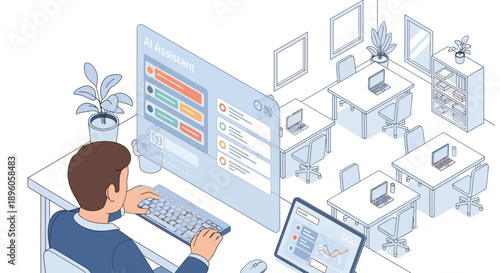 A man works on a computer in a modern office environment with multiple workstations and plants from a high angle viewpoint