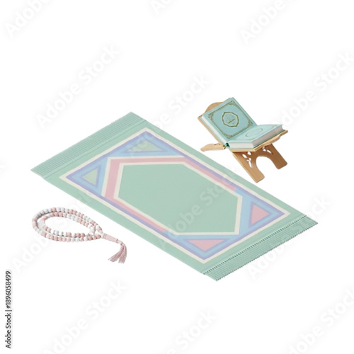 3D Isometric Islamic Prayer Set with Quran, Rehal, and Tasbih in Pastel Tones