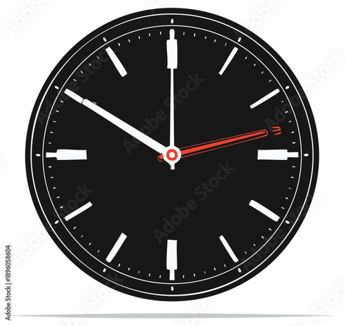 Minimalist black clock design with white hour markers and red second hand