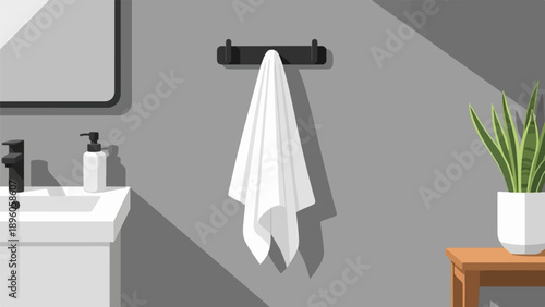 Minimalist bathroom scene with sink, towel, and potted plant
