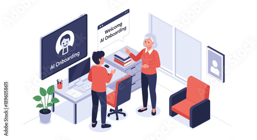 Two professionals collaborating at a modern office workspace with technology and furniture