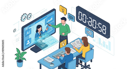 Team collaboration on a project with a large screen display and timer in a modern office setting